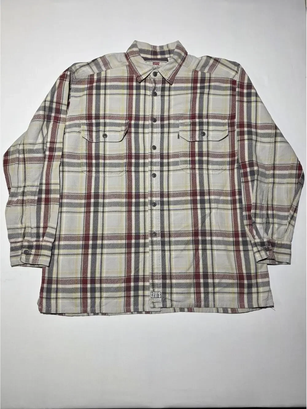 Vintage Levi's Plaid Flannel Heavy Duty Workwear Shirt XL Red Gray Yellow